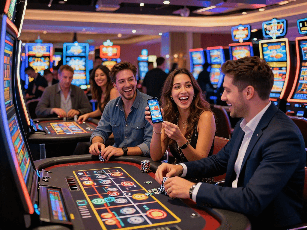 Casino not on GamStop scene with players enjoying vibrant gaming atmosphere and diverse activities.