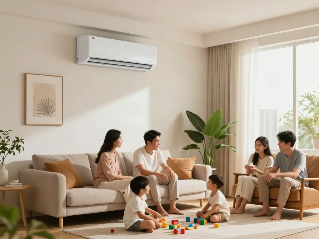 Family enjoying comfort from a mini split air conditioner in a stylish living room.