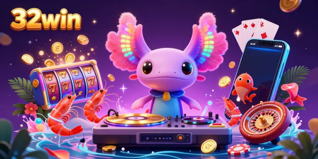 Spin into action with 32win's vibrant gaming world, showcasing slot games and animated characters.