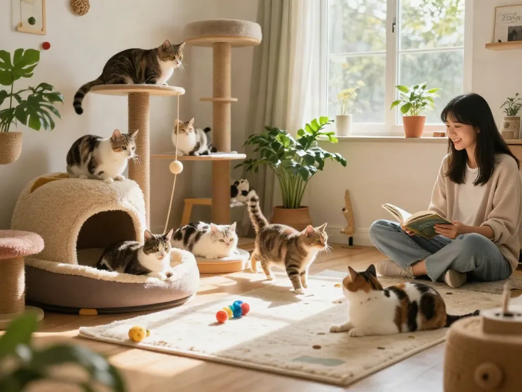 Cat condos providing playful space for multiple cats in a cozy indoor setting