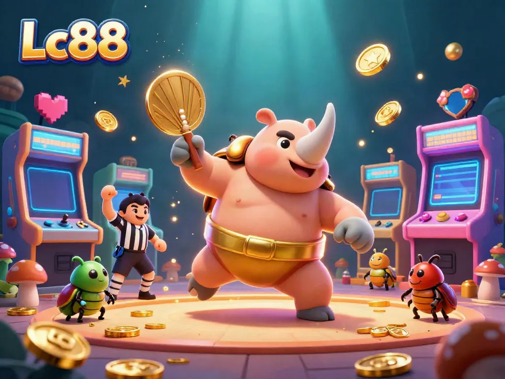 Experience exciting gameplay with Lc88 in a vibrant scene featuring a sumo champion beetle and game elements.