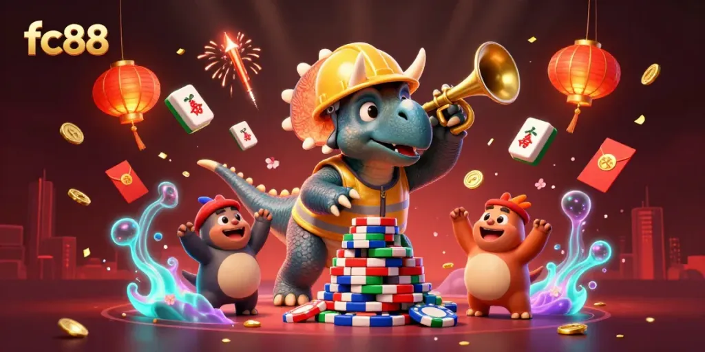 Experience thrilling wins at fc88's colorful gaming scene with cheerful characters and festive elements.