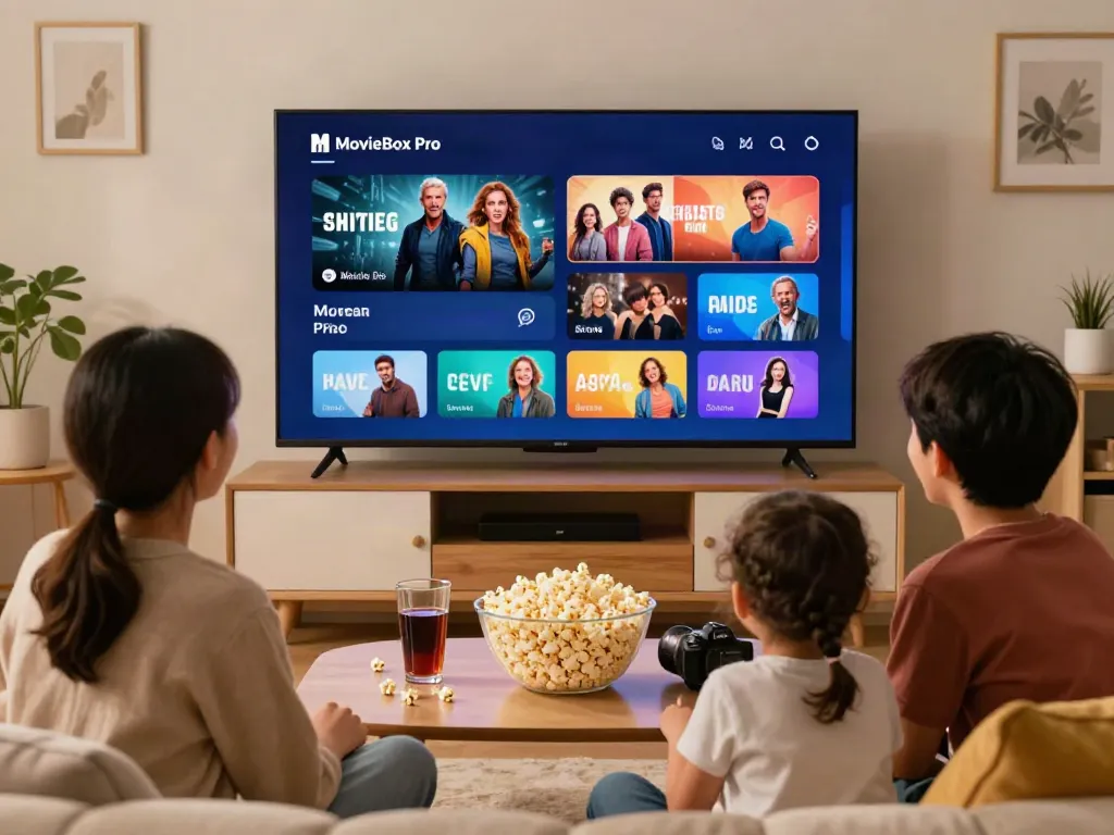 Family bonding over the Movie Box Pro app, enjoying movies on a smart TV.