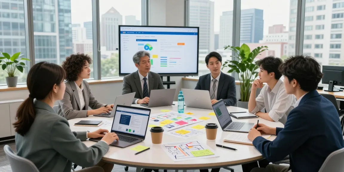 Team collaborating in a bright office discussing the WPS Official Website and strategy planning.